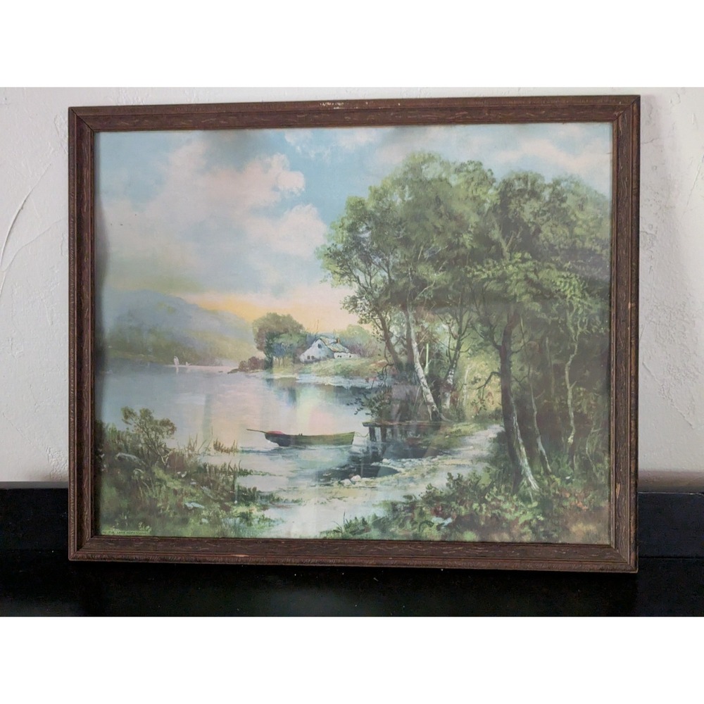 Antique 1918 N.J. Lake Hopatcong No. 718‎ Landscape Print In Wood Frame